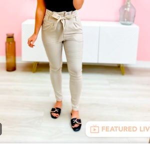 Taupe Paperbag tie front dress pants khaki